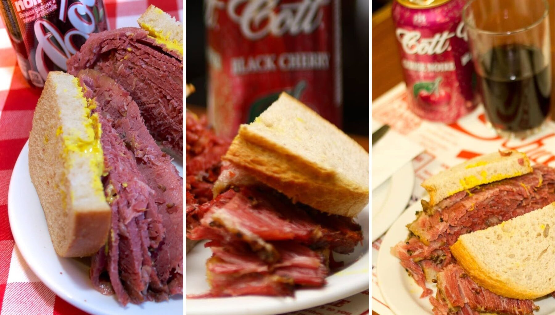 Pictures of smoked meat and cans of soda.