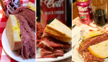 Pictures of smoked meat and cans of soda.