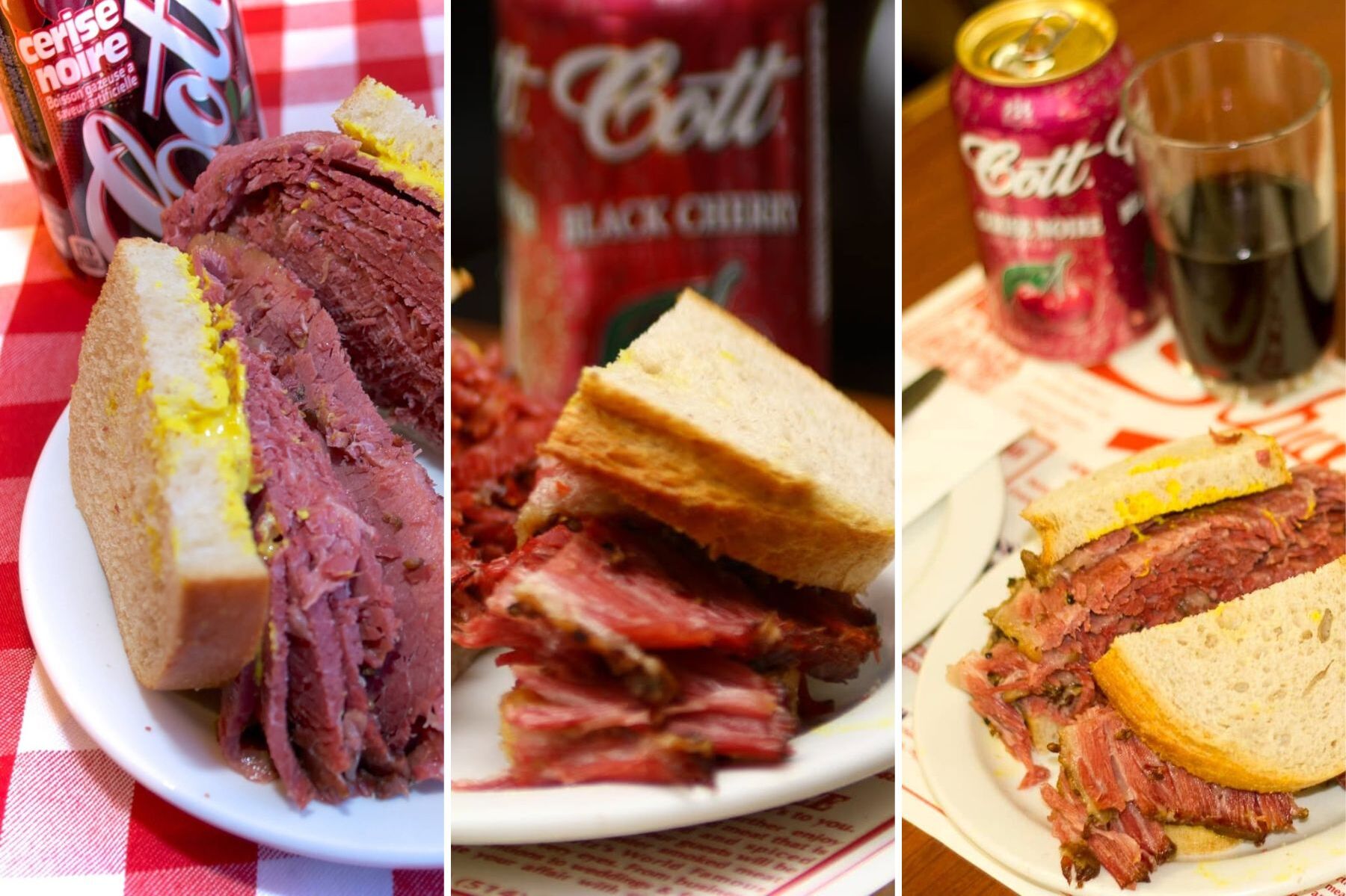 Pictures of smoked meat and cans of soda.