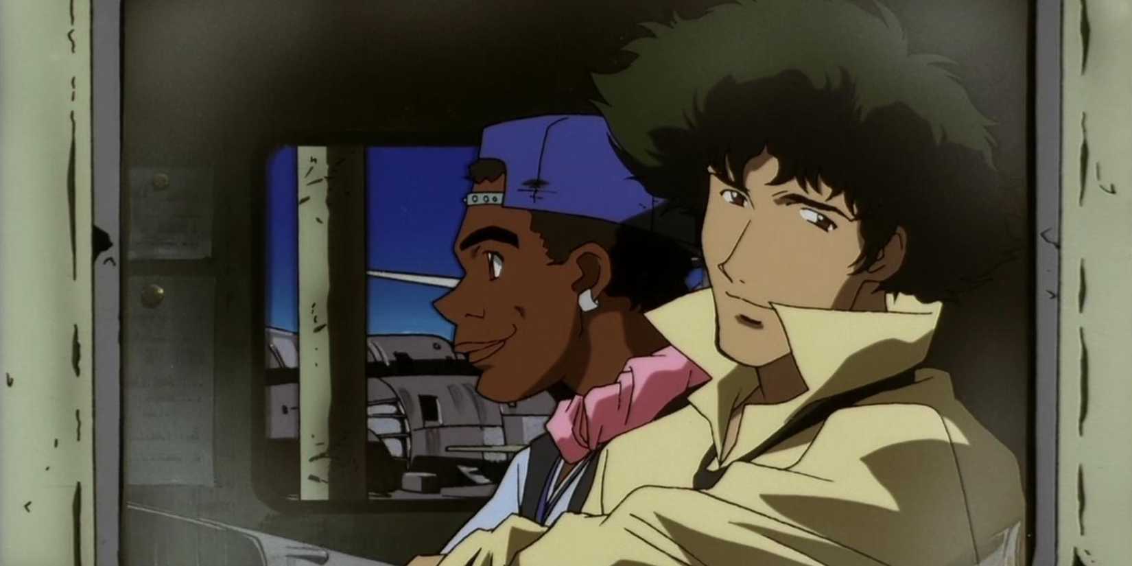 Spike leaning against a window in Cowboy Bebop 