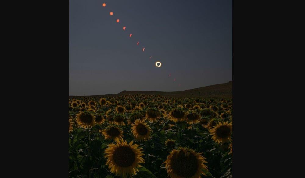 Credit: Bill Ingalls/NASA Caption: A composite image showing the progression of a total solar eclipse over San Millan de los Caballeros, Spain on Aug. 12.