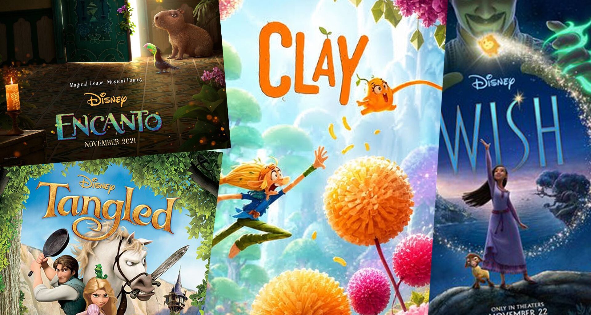 Disney movie posters for Encanto, Tangled, Clay and Wish