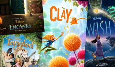Disney movie posters for Encanto, Tangled, Clay and Wish