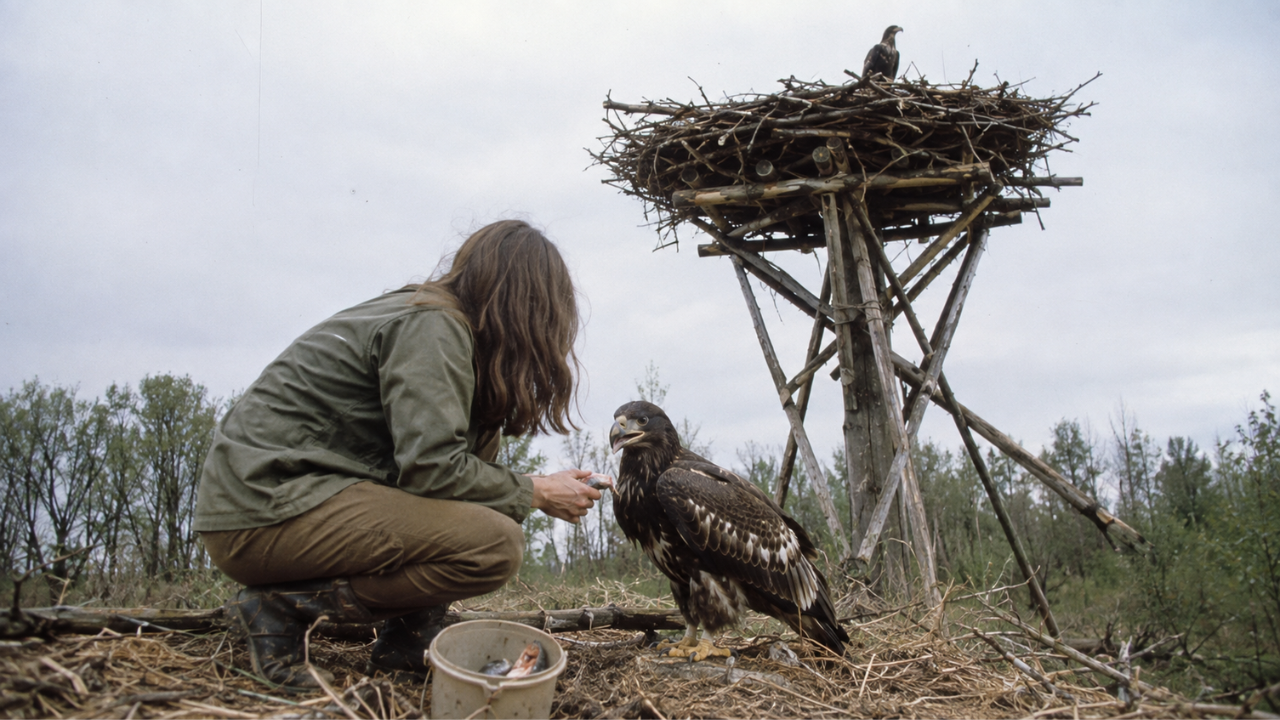 AI REPRESENTATION: The goal was to use a technique known as hacking, in which young birds are raised in a controlled setting before being released to live independently | ChatGPT eagle