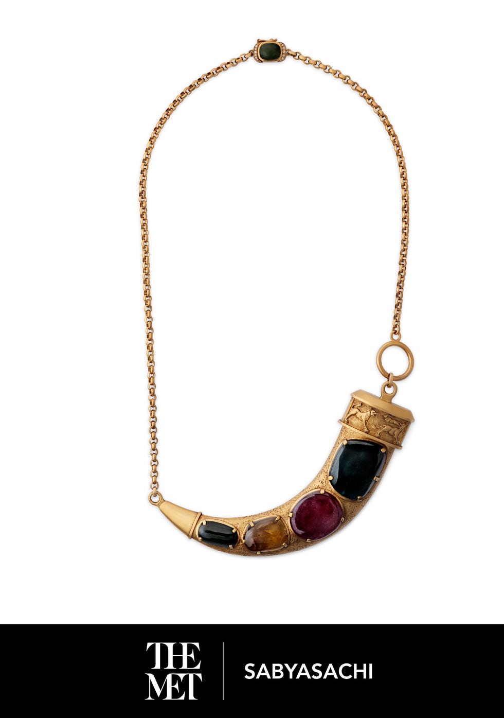 Gold necklace featuring colorful gemstones in a unique horn shape design.