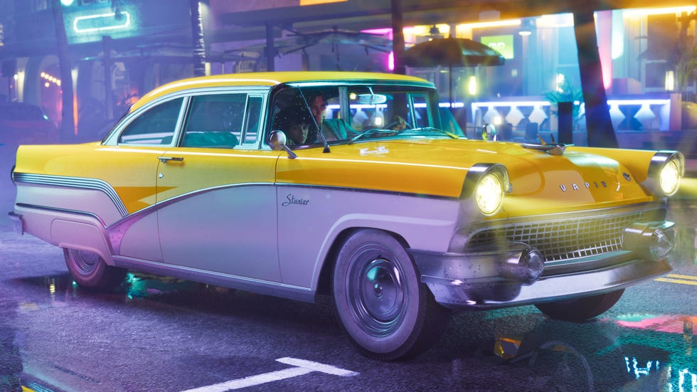 A vintage yellow taxi parked on a rainy street with neon lights in the background. A vintage yellow taxi parked on a rainy street with neon lights in the background.
