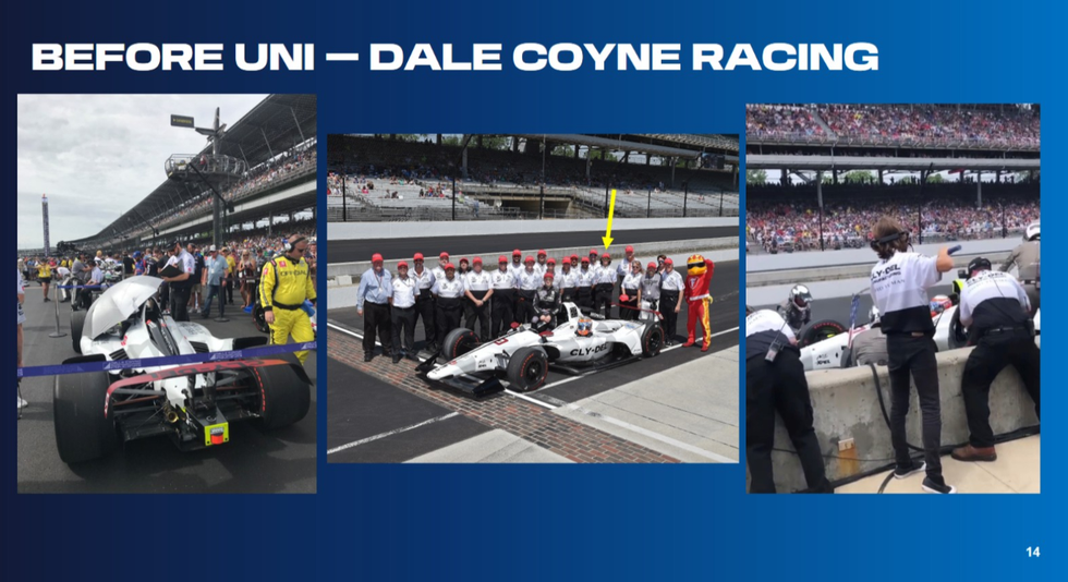 Dale Coyne Racing team's pre-race activities at the Indianapolis Motor Speedway, featuring a car and team members. Dale Coyne Racing team's pre-race activities at the Indianapolis Motor Speedway, featuring a car and team members.