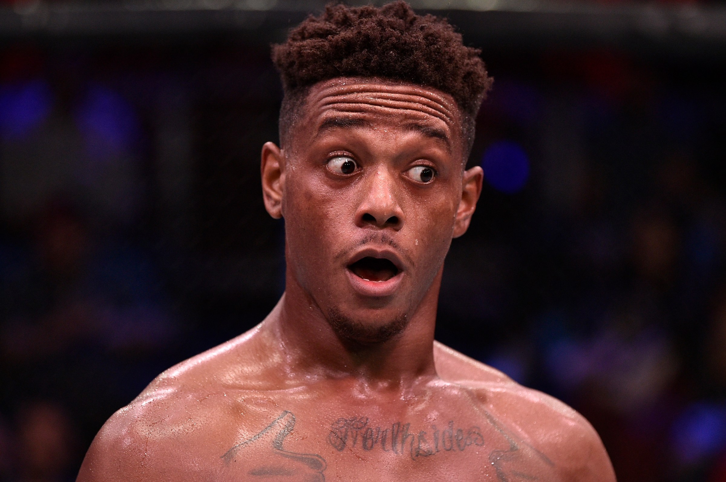 LAS VEGAS, NV - JULY 23: Jamahal Hill celebrates after his TKO victory over Alexander Poppeck of Germany in their light heavyweight bout during Dana White’s Contender Series at the UFC Apex on July 23, 2019 in Las Vegas, Nevada. (Photo by Chris Unger/DWCS LLC)