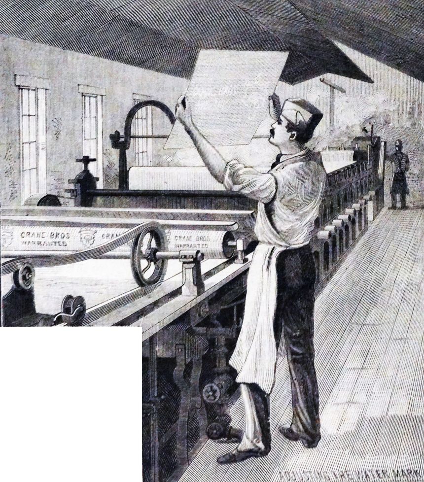 An engraving depicts a man managing a watermarking machine.