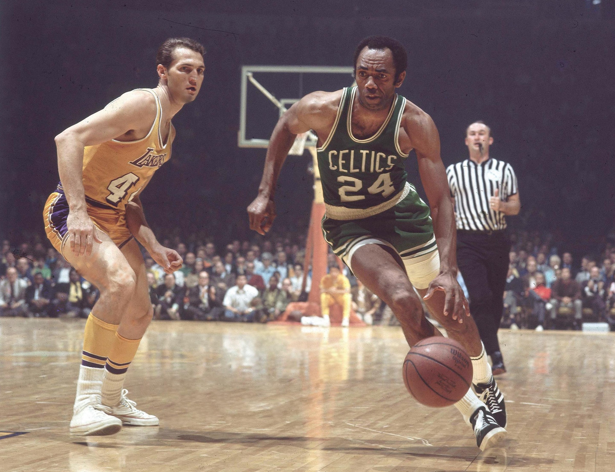 Boston’s Sam Jones drives on LA’s Jerry West (44) in the 1969 Finals. Jones saved the season in Game 4. (Photo by George Long /Sports Illustrated via Getty Images)