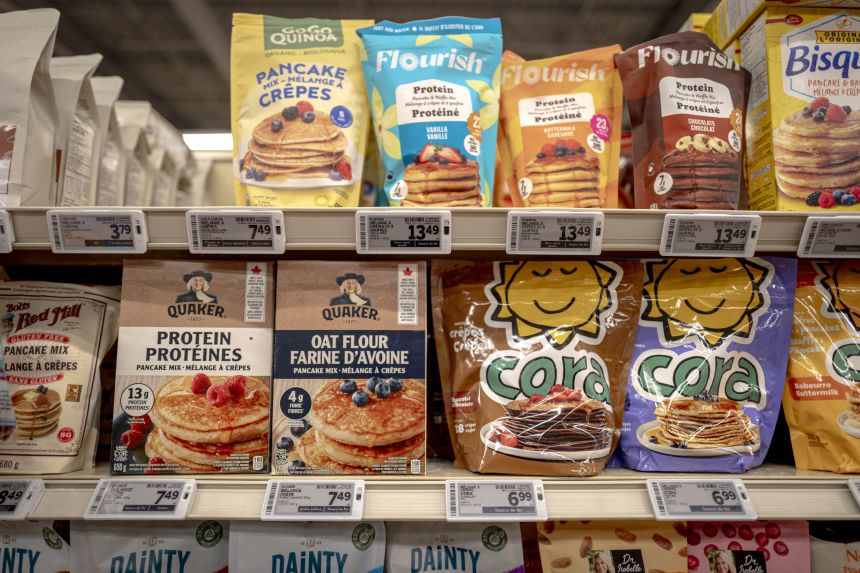 An American brand and the Canadian version at a grocery store in Montreal, Canada, on February 3, 2025.