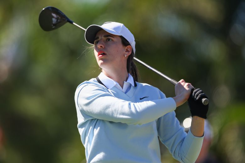 Indiana Fever guard Caitlin Clark hits a tee shot during an event in Belleair, Florida, in November.
