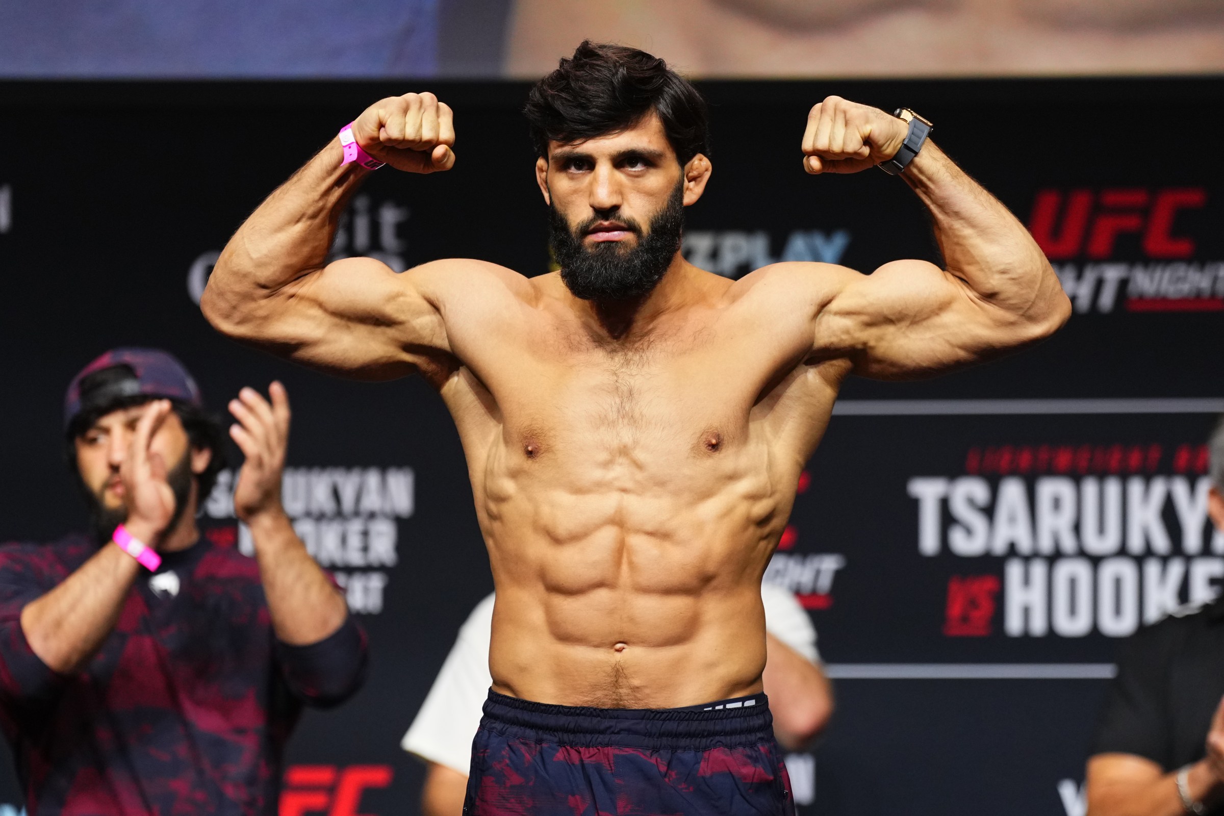 DOHA, QATAR - NOVEMBER 21: Arman Tsarukyan of Georgia poses on the scale during the UFC Fight Night ceremonial weigh-in at ABHA Arena on November 21, 2025 in Doha, Qatar. (Photo by Jeff Bottari/Zuffa LLC)