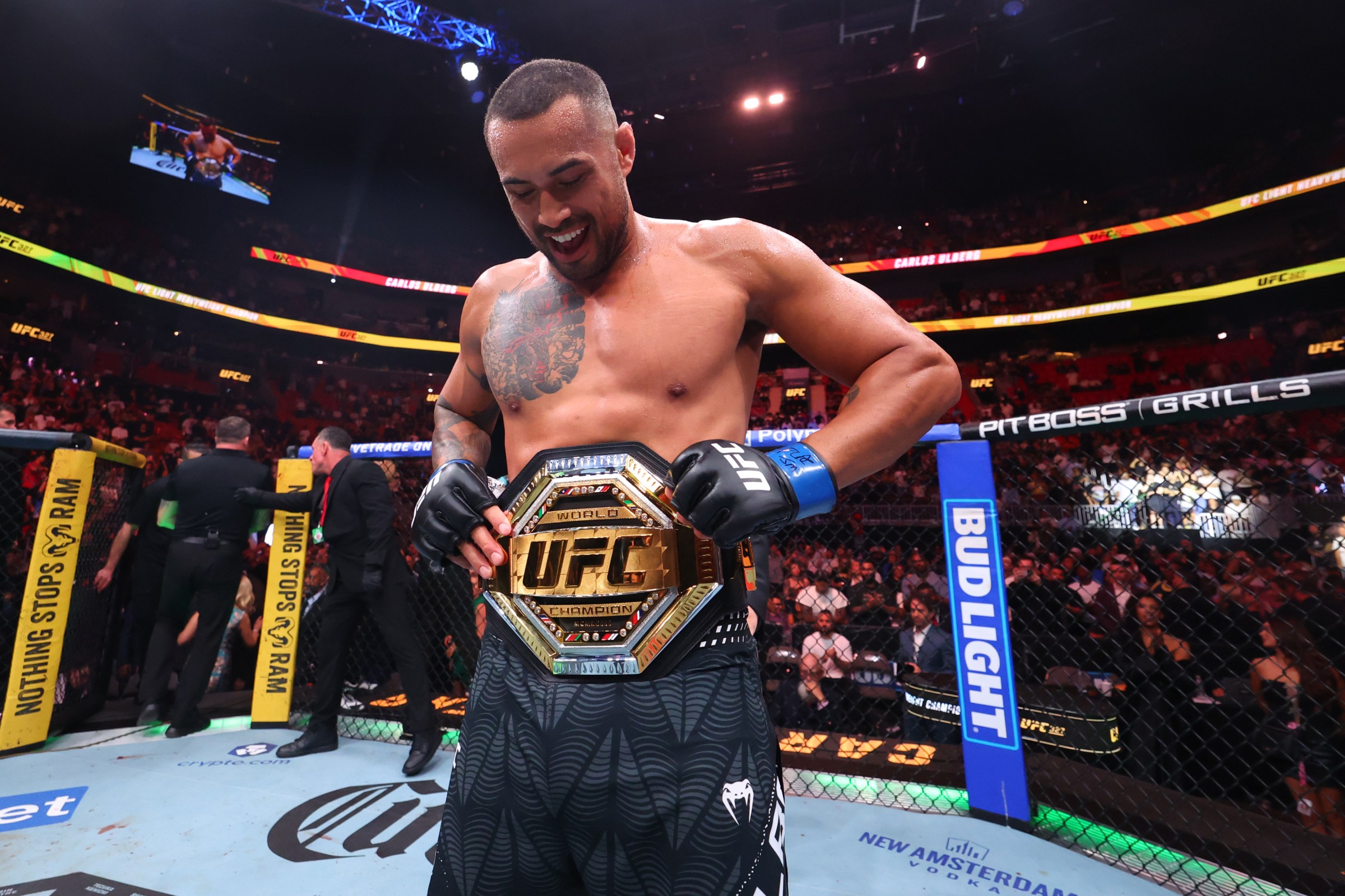 MIAMI, FLORIDA - APRIL 11: Carlos Ulberg of New Zealand reacts after a knockout victory against Jiri Prochazka of the Czech Republic in the UFC light heavyweight championship fight during the UFC 327 event at Kaseya Center on April 11, 2026 in Miami, Florida. (Photo by Ed Mulholland/Zuffa LLC)