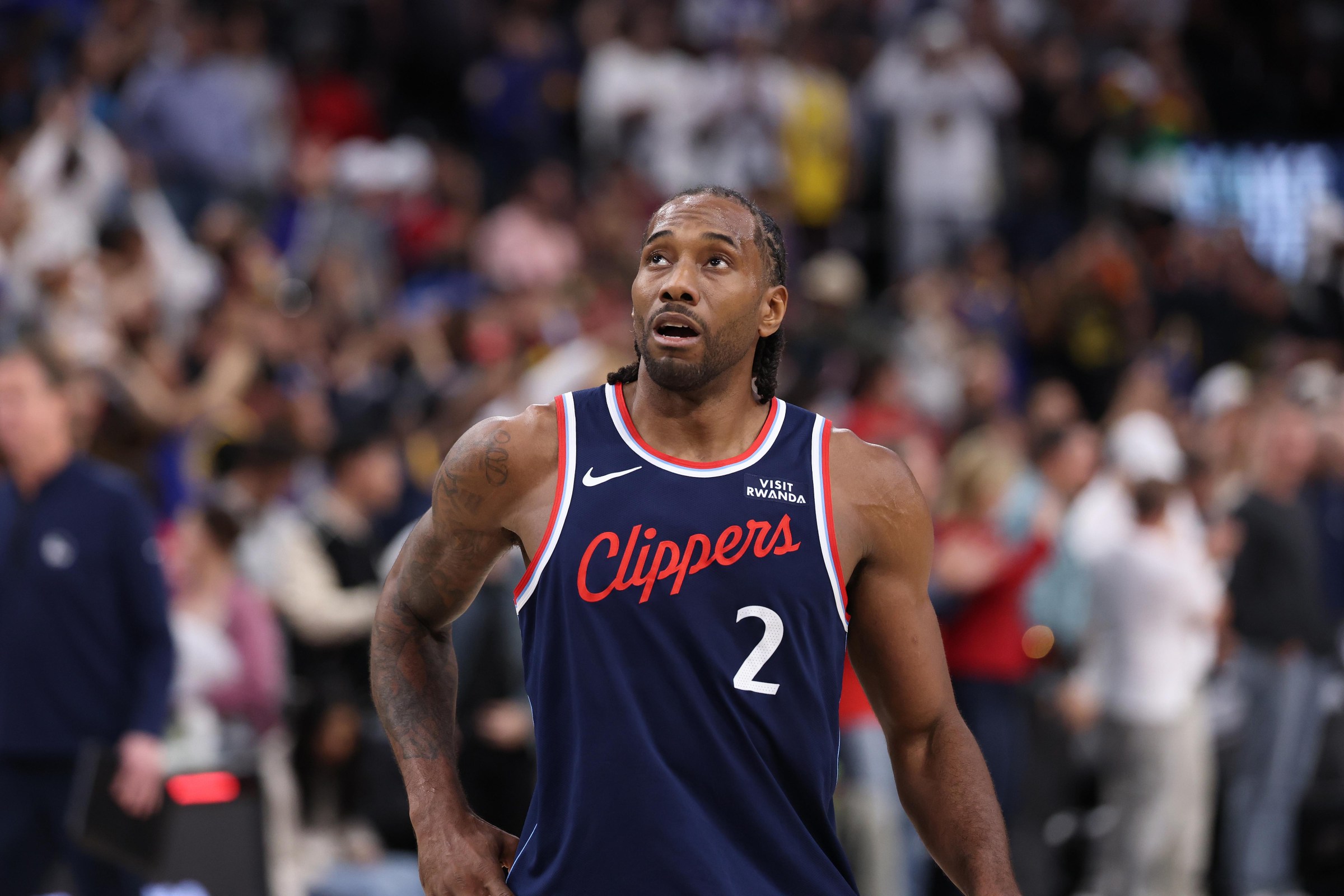 INGLEWOOD, CA - APRIL 15: Clippers forward Kawhi Leonard, #2, walks off the court after their season-ending loss to the Golden State Warriors during an NBA play-in-tournament at the Intuit Dome in Inglewood Wednesday, April 15, 2026. (Allen J. Schaben / Los Angeles Times via Getty Images)