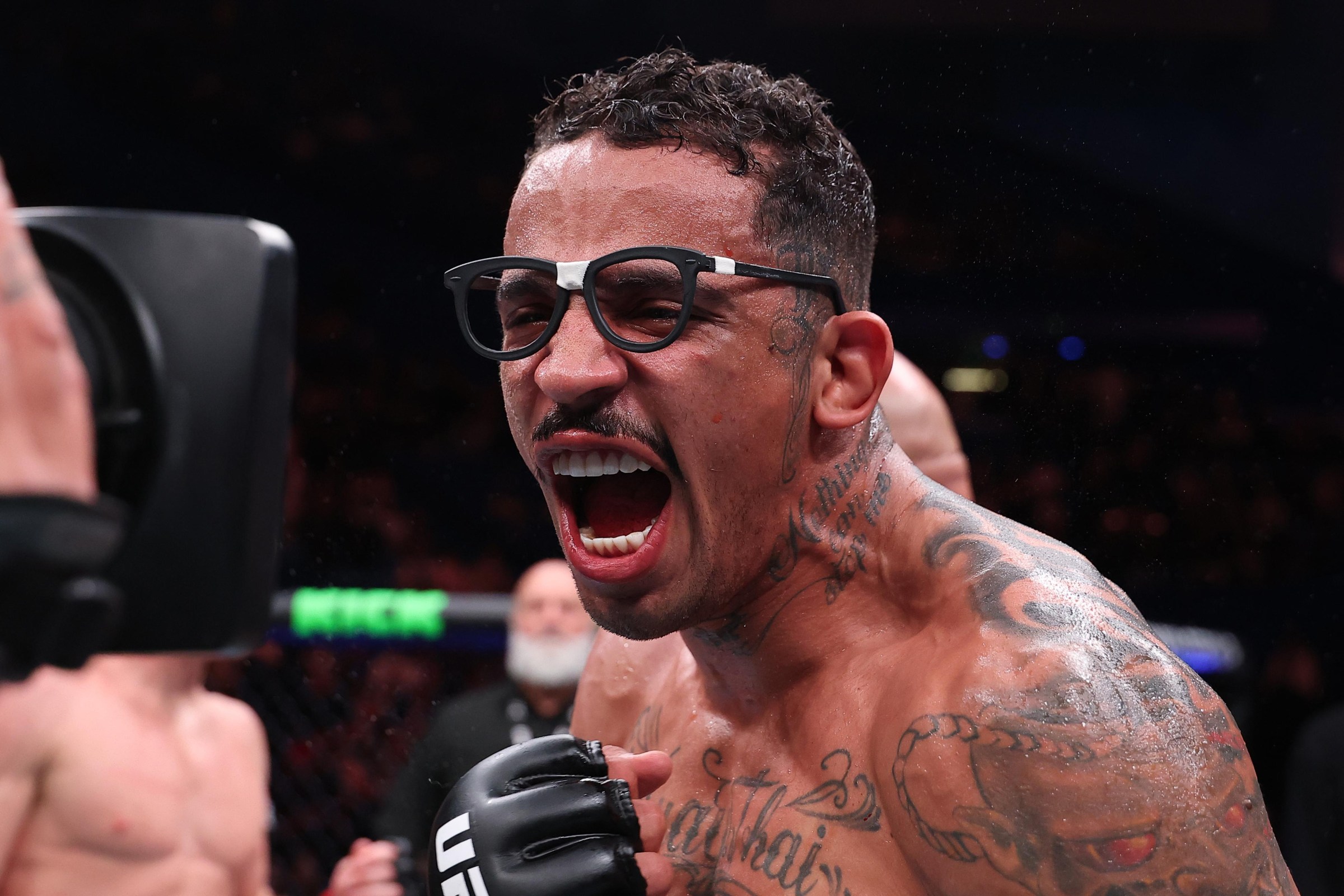 PERTH, AUSTRALIA - MAY 02: Carlos Prates of Brazil reacts after a victory against Jack Della Maddalena of Australia in a welterweight fight during the UFC Fight Night event at RAC Arena on May 02, 2026 in Perth, Australia. (Photo by Ed Mulholland/Zuffa LLC)