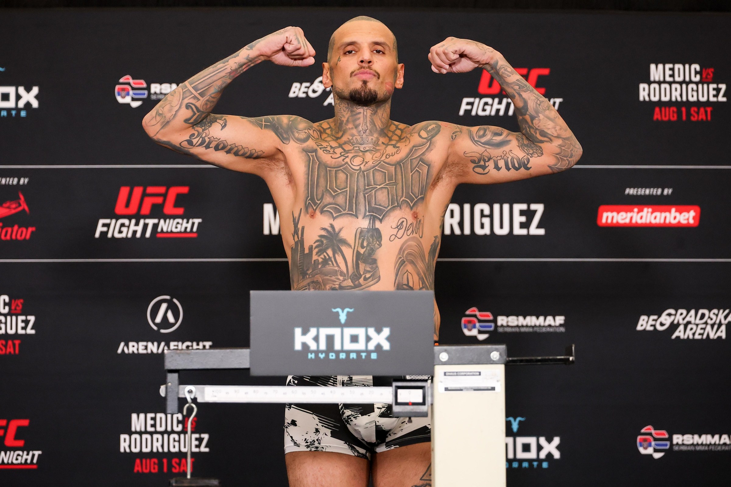 BELGRADE, SERBIA - JULY 31: Daniel Rodriguez poses on the scale during the UFC Fight Night Belgrade official weigh-in at Crowne Plaza Belgrade on July 31, 2026 in Belgrade, Serbia. (Photo by Ed Mulholland/Zuffa LLC)