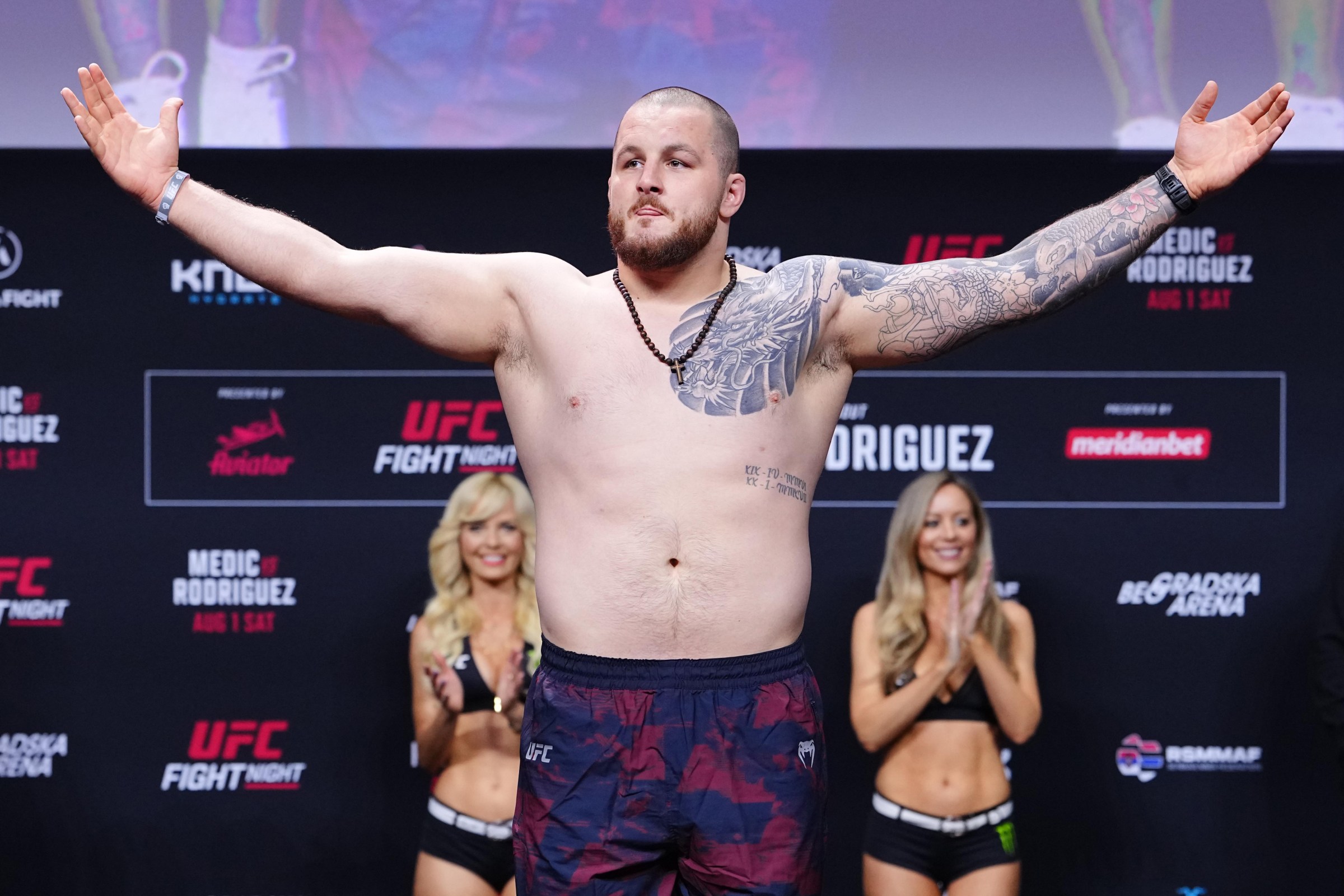 BELGRADE, SERBIA - JULY 31: Jovan Leka of Serbia poses on the scale during the UFC Fight Night ceremonial weigh-in at Belgrade Arena on July 31, 2026 in Belgrade, Serbia. (Photo by Jeff Bottari/Zuffa LLC)