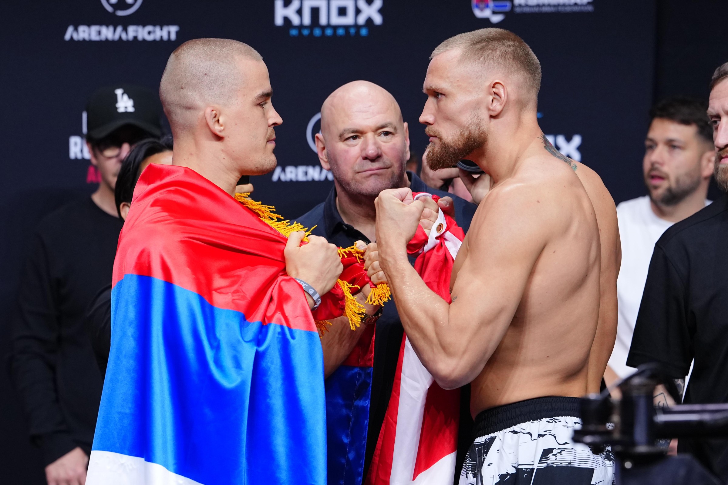 BELGRADE, SERBIA - JULY 31: (L-R) Opponents Dusko Todorovic of Montenegro and Robert Valentin of Switzerland face off during the UFC Fight Night ceremonial weigh-in at Belgrade Arena on July 31, 2026 in Belgrade, Serbia. (Photo by Jeff Bottari/Zuffa LLC)