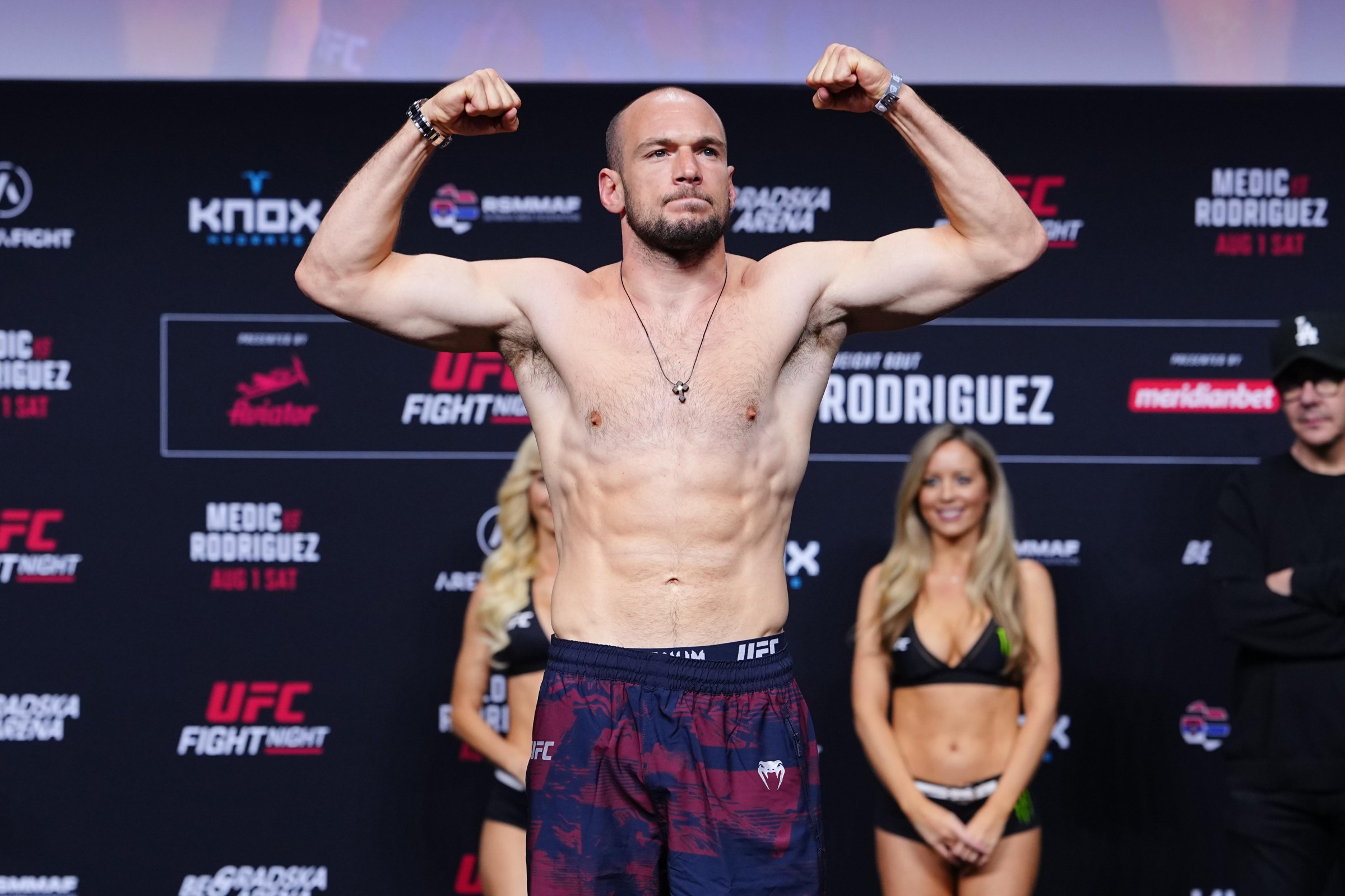 BELGRADE, SERBIA - JULY 31: Uros Medic of Serbia poses on the scale during the UFC Fight Night ceremonial weigh-in at Belgrade Arena on July 31, 2026 in Belgrade, Serbia. (Photo by Jeff Bottari/Zuffa LLC)