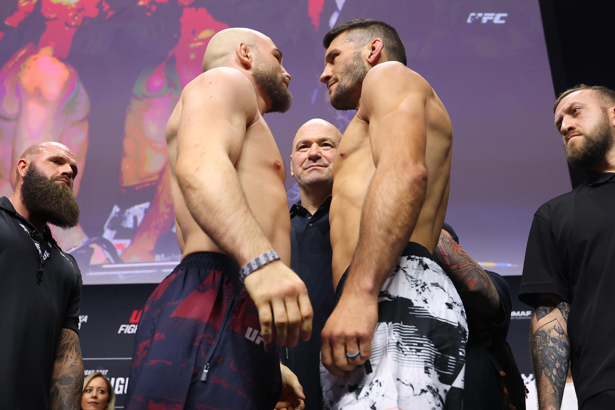 BELGRADE, SERBIA - JULY 31: (L-R) Opponents Mateusz Rebecki of Poland and Kyle Prepolec of Canada face off during the UFC Fight Night ceremonial weigh-in at Belgrade Arena on July 31, 2026 in Belgrade, Serbia. (Photo by Ed Mulholland/Zuffa LLC)