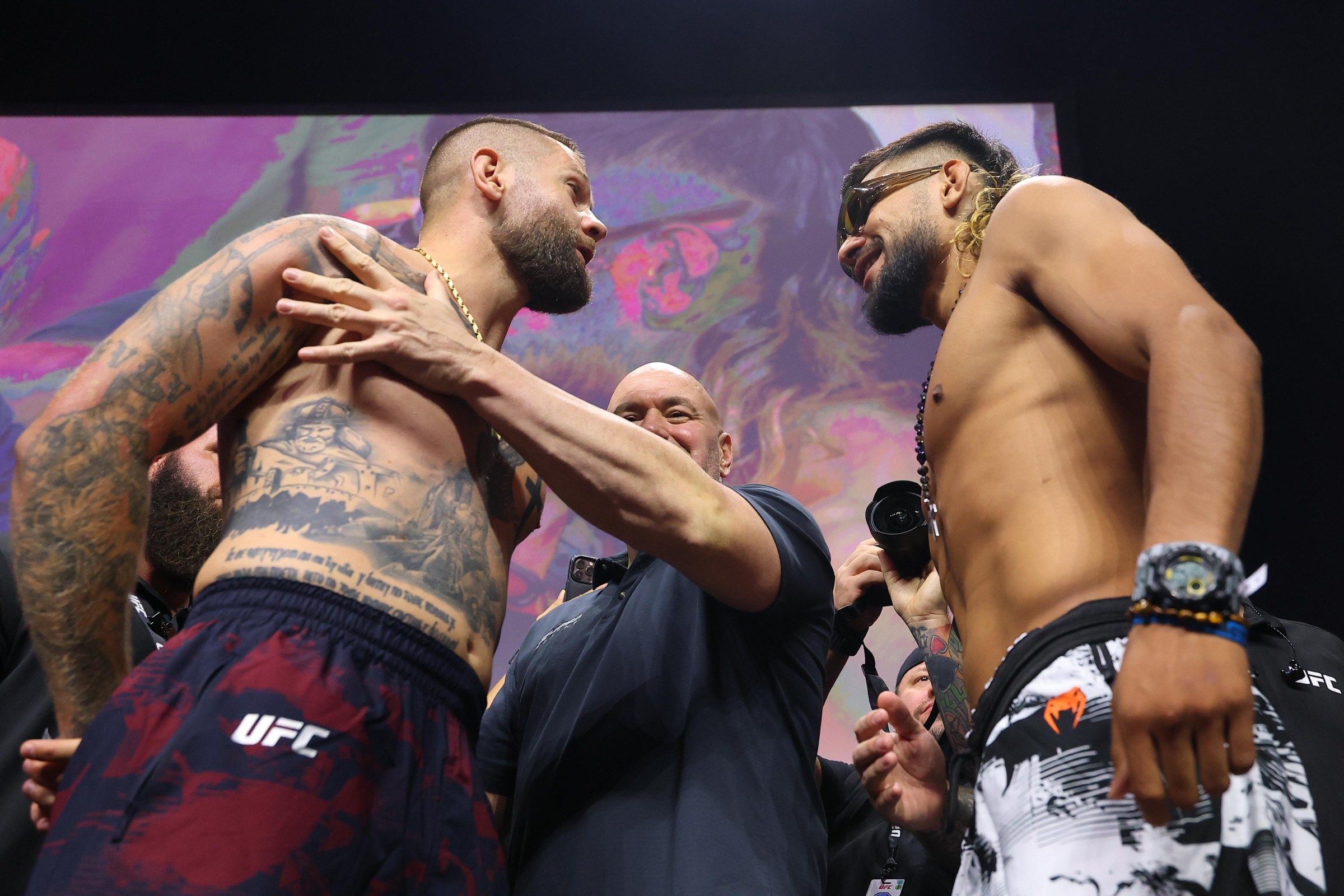 BELGRADE, SERBIA - JULY 31: (L-R) Opponents Vlasto Cepo of Serbia and Gilbert Urbina face off during the UFC Fight Night ceremonial weigh-in at Belgrade Arena on July 31, 2026 in Belgrade, Serbia. (Photo by Ed Mulholland/Zuffa LLC)