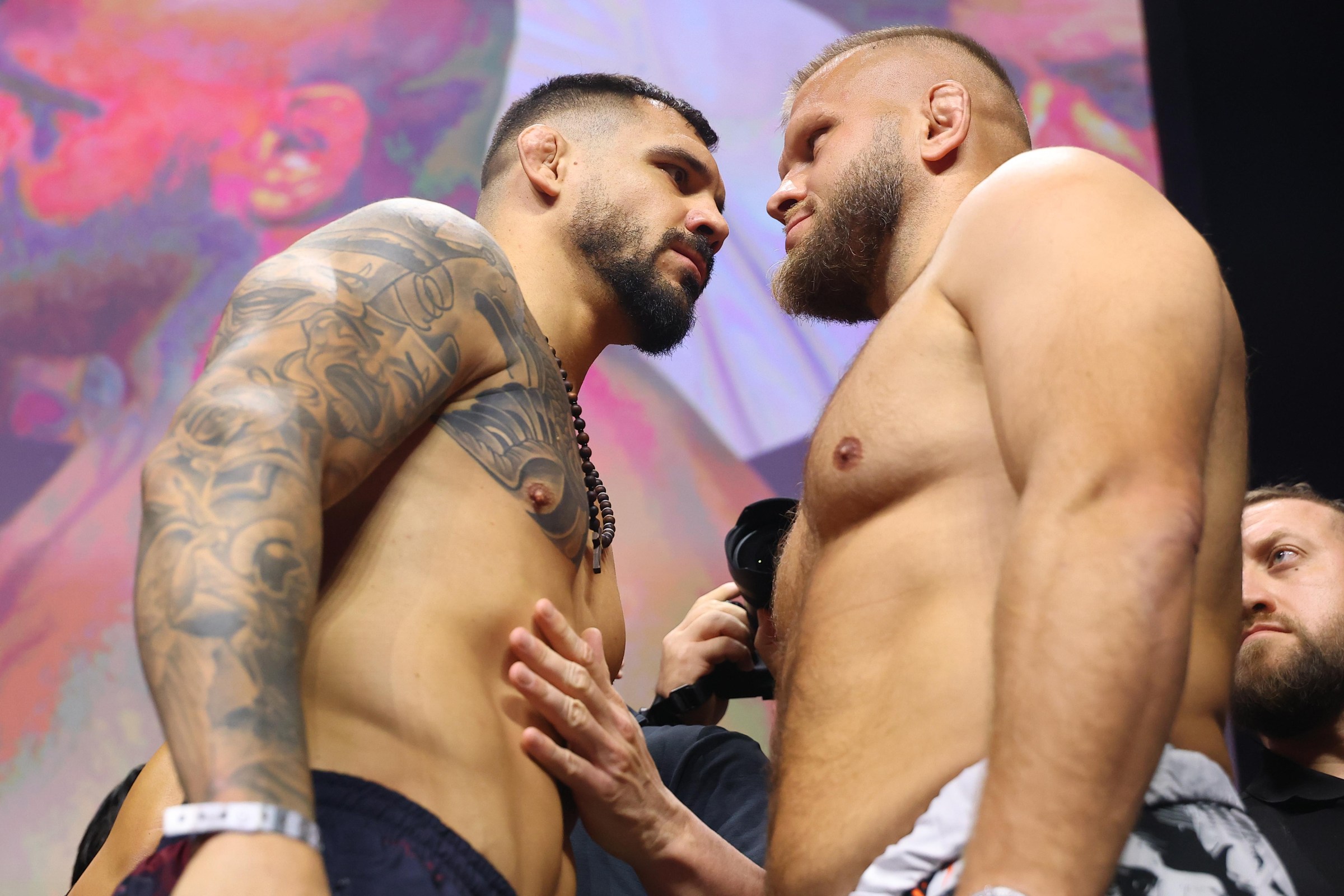 BELGRADE, SERBIA - JULY 31: (L-R) Opponents Aleksandar Rakic of Austria and Marcin Tybura of Poland face off during the UFC Fight Night ceremonial weigh-in at Belgrade Arena on July 31, 2026 in Belgrade, Serbia. (Photo by Ed Mulholland/Zuffa LLC)