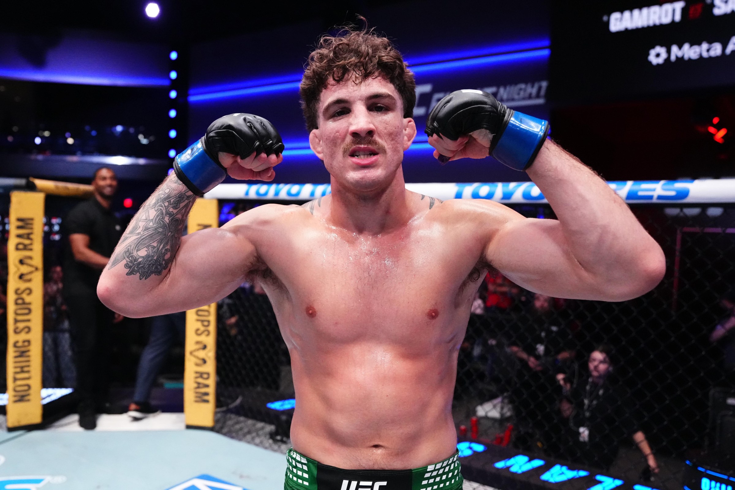 LAS VEGAS, NEVADA - AUGUST 08: Quillan Salkilld of Australia reacts after a submission victory against Mateusz Gamrot of Poland in a lightweight fight during the UFC Fight Night event at Meta APEX on August 08, 2026 in Las Vegas, Nevada. (Photo by Jeff Bottari/Zuffa LLC)