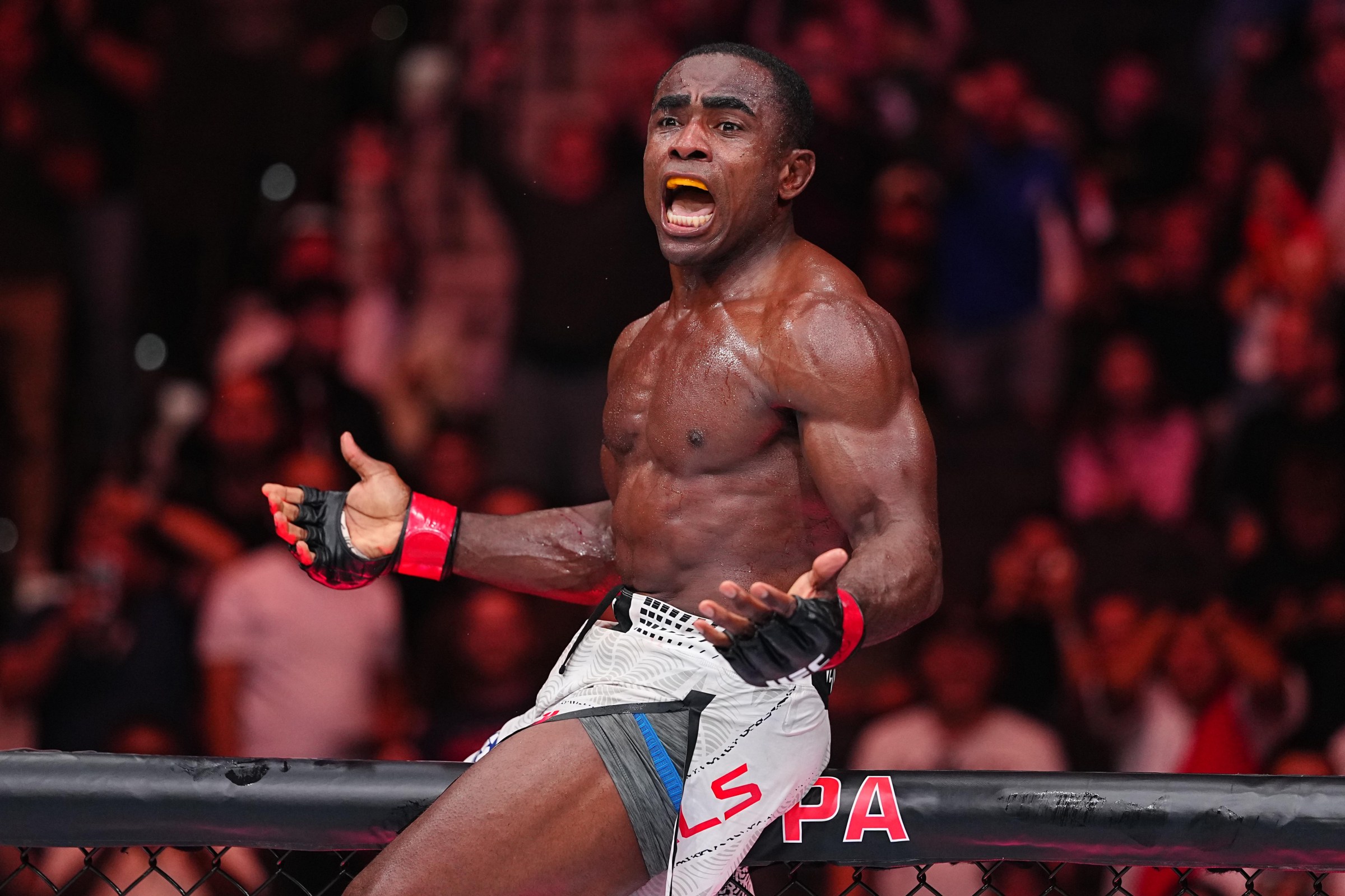 PHILADELPHIA, PENNSYLVANIA - AUGUST 15: Jeremiah Wells reacts after a submission victory against Myktybek Orolbai of Kyrgyzstan in a welterweight fight during the UFC 330 event at Xfinity Mobile Arena on August 15, 2026 in Philadelphia, Pennsylvania. (Photo by Chris Unger/Zuffa LLC)