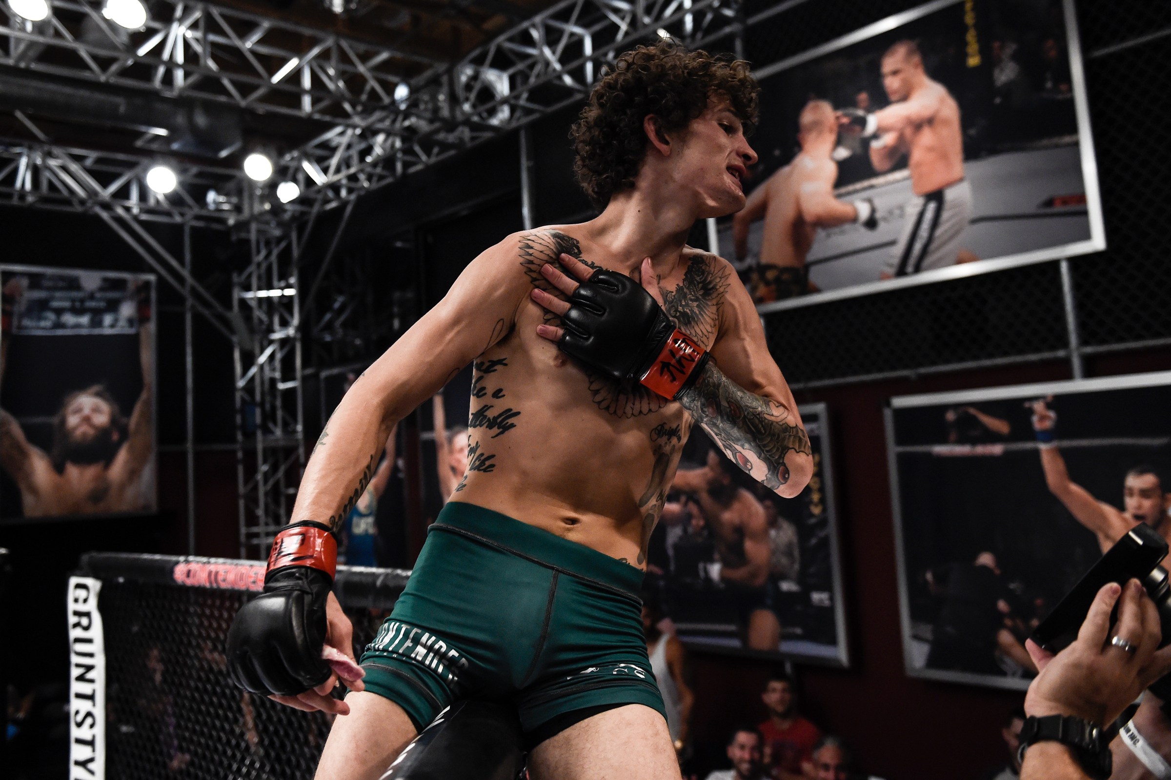 LAS VEGAS, NV - JULY 18: Sean O’Malley celebrates his knockout victory over Alfred Khashakyan in their bantamweight bout during Dana White’s Tuesday Night Contender Series at the TUF Gym on July 18, 2017 in Las Vegas, Nevada. (Photo by Brandon Magnus/DWTNCS)