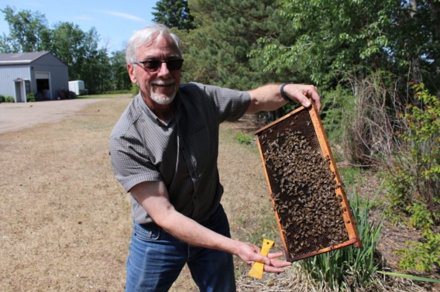 Murray Hannigan stands holding a beehive frame.