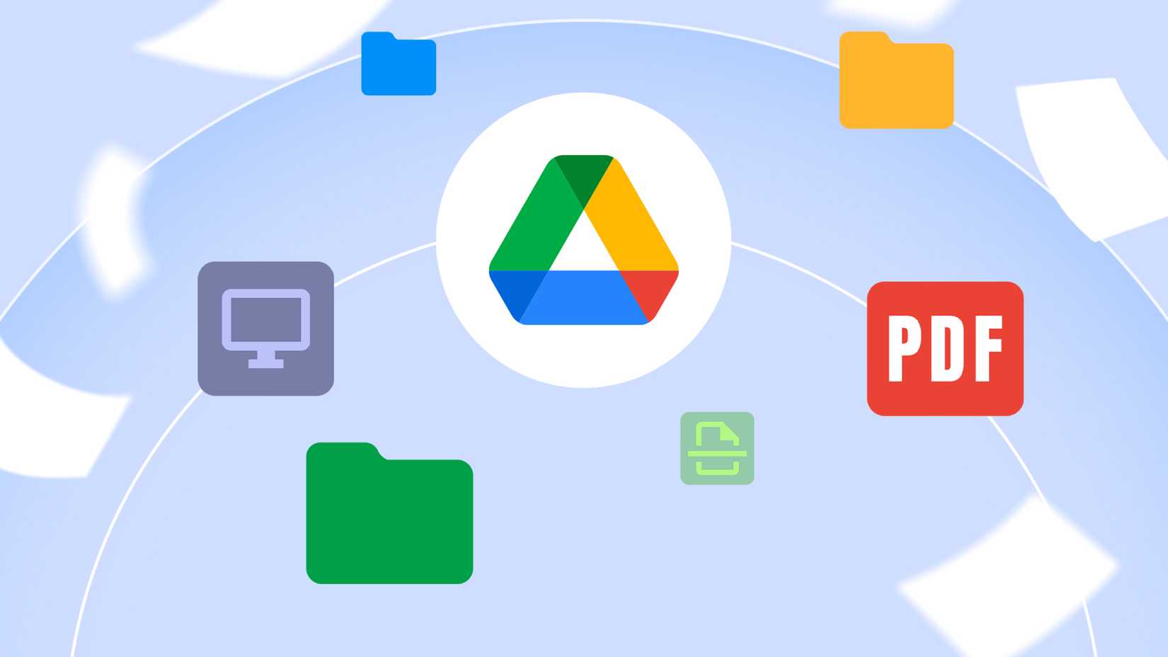 The Google Drive logo in the center surrounded by colorful floating folders, PDFs, desktop and scanner icons, on a light blue background