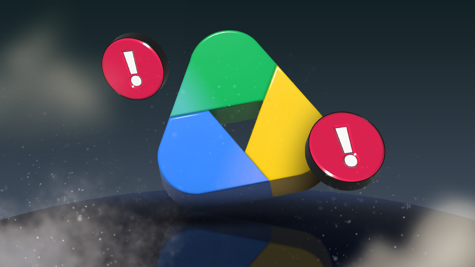Google Drive logo with warning icons on a dark background.