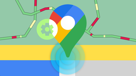 Google Maps pin on a map background displaying traffic congestion and a settings gear icon.