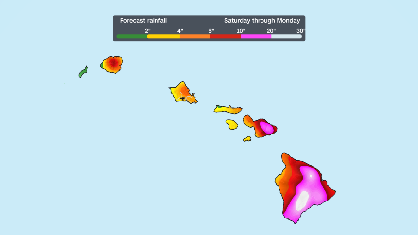 Drenching rainfall is expected across Hawaii from Saturday through Monday.