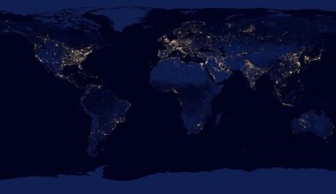 Earth at night, its city lights tracing the footprint of human civilization. Industry leaves atmospheric technosignatures an alien astronomer might detect. Credit: NASA (public domain).