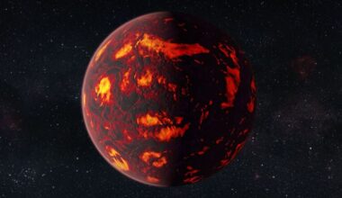 This artist's illustration shows the exoplanet 55 Cancri e. It's a super-Earth that is so close to its star that its a lava world, or magma ocean. But recent JWST observations show it has a thick atmosphere. That's challenging our theories of how atmospheres escape and forcing a rethink of the 'cosmic shoreline.' Image Credit: ESA/Hubble, M. Kornmesser