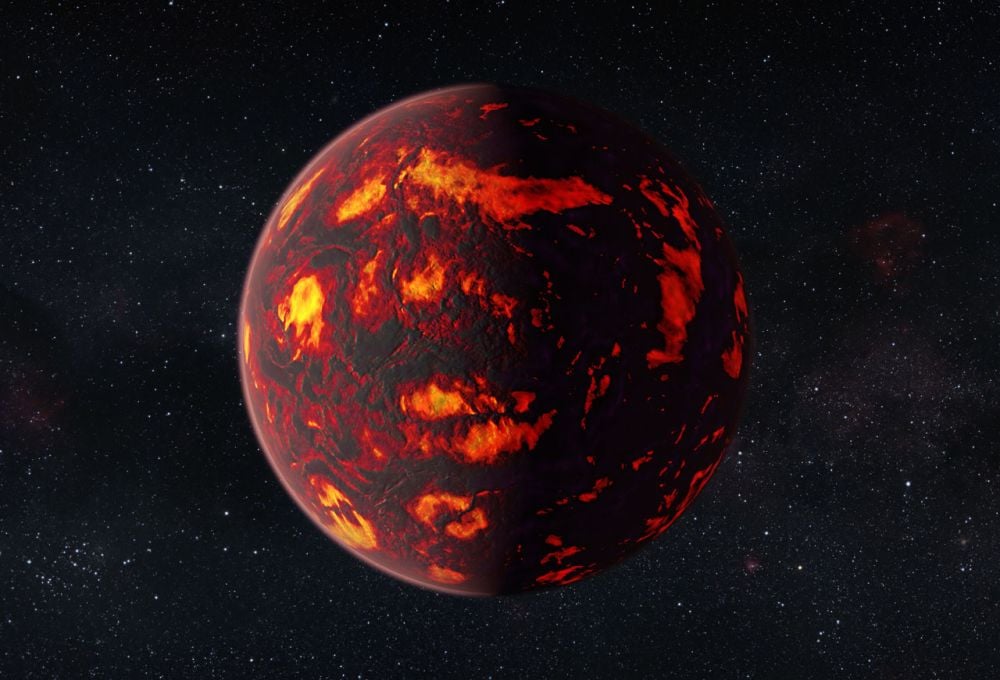 This artist's illustration shows the exoplanet 55 Cancri e. It's a super-Earth that is so close to its star that its a lava world, or magma ocean. But recent JWST observations show it has a thick atmosphere. That's challenging our theories of how atmospheres escape and forcing a rethink of the 'cosmic shoreline.' Image Credit: ESA/Hubble, M. Kornmesser