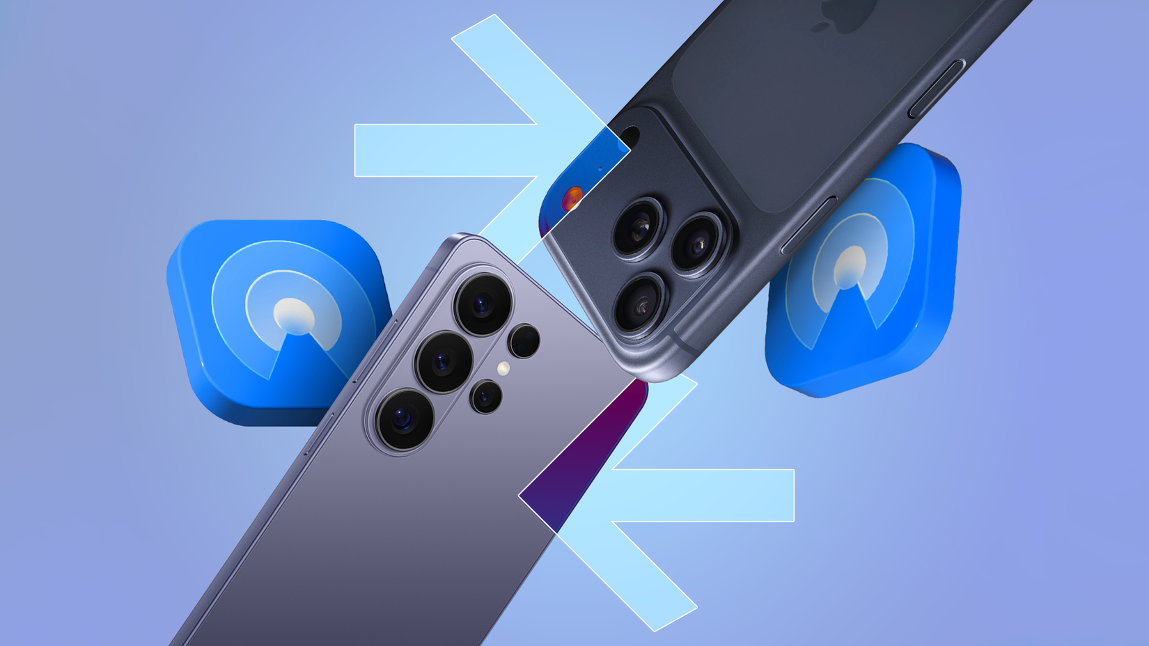 Illustration of an iPhone 17 and a Samsung Galaxy S26 with AirDrop icons and arrows on a blue background.