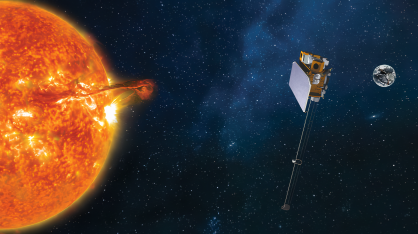 An illustration of the SOLAR-1 satellite positioned between the sun and the earth.