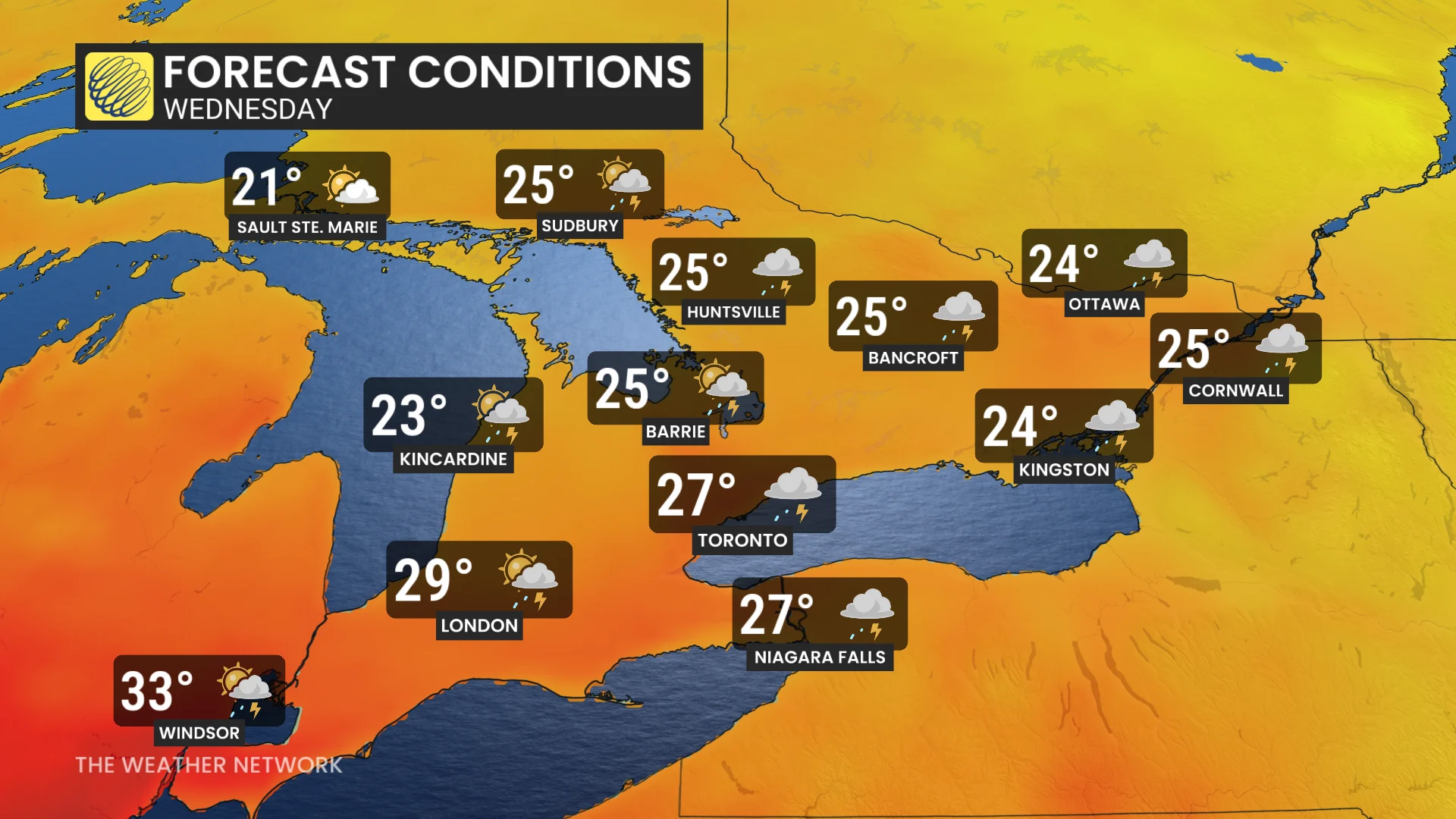 Ontario Wednesday temperatures and icons