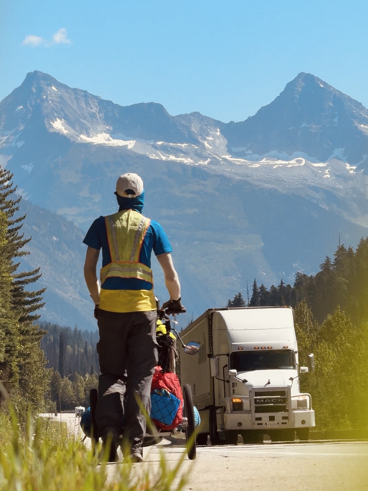 Latvian long-distance walker Kristians Kārkliņš travels through the Rocky Mountains on his journey across Canada.