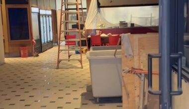 The interior of a restaurant under construction.