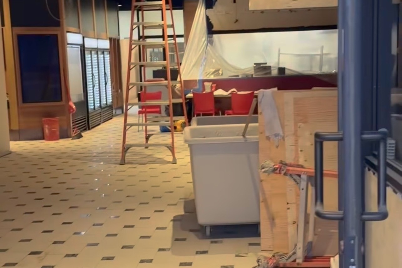 The interior of a restaurant under construction.