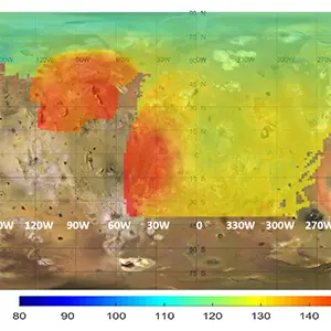 This map represents data captured by the Microwave Radiometer instrument aboard NASA’s Juno, indicating heat rising from just beneath the surface of Jupiter’s moon Io. The colors illustrate a distinct temperature gradient across the moon, with the most extreme, localized heat output in red. Credit: NASA/JPL-Caltech/SwRI/USGS