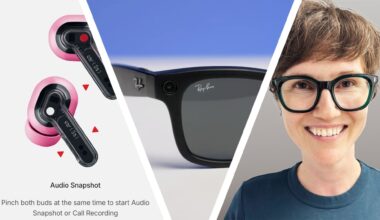 A triple split-image, showing Nothing pink earbuds (a screengrab from the Nothing X app), Meta Ray-Ban 2nd Gen glasses on blue background, and a woman with short hair, wearing glasses and smiling