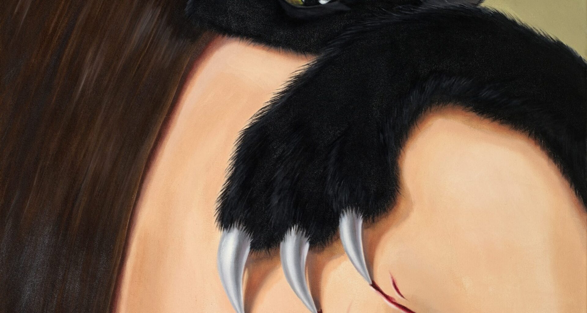 a painting of a woman holding a black cat over her shoulder, which nestles its face into her hair but leaves claw marks on her back