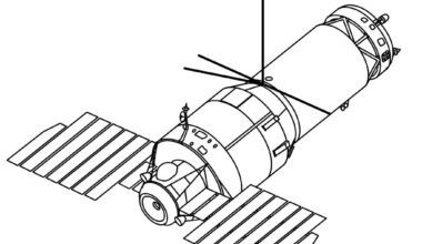 A diagram of a Soviet Almaz space station, such as Salyut 3 and Salyut 5.