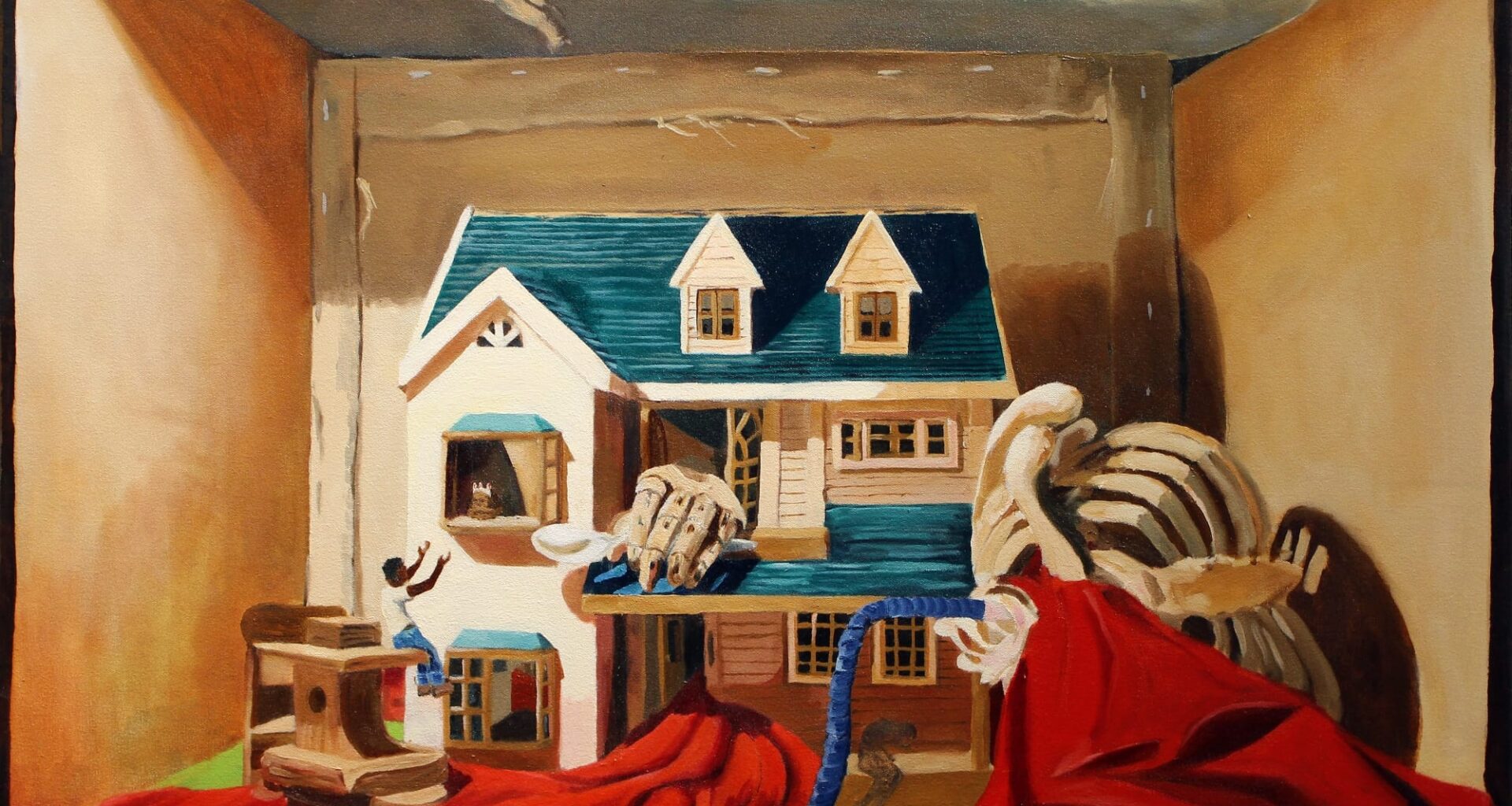 a painting by Isaiah Lee of a dollhouse, skeleton, and red cloth. a skeletal hand reaches out from the dollhouse while one figure gestures toward a window, while another peers out