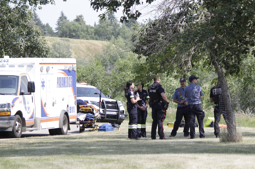 Saskatoon police, firefighters and paramedics during a search-and-rescue operation on the South Saskatchewan River on July 31, 2026.